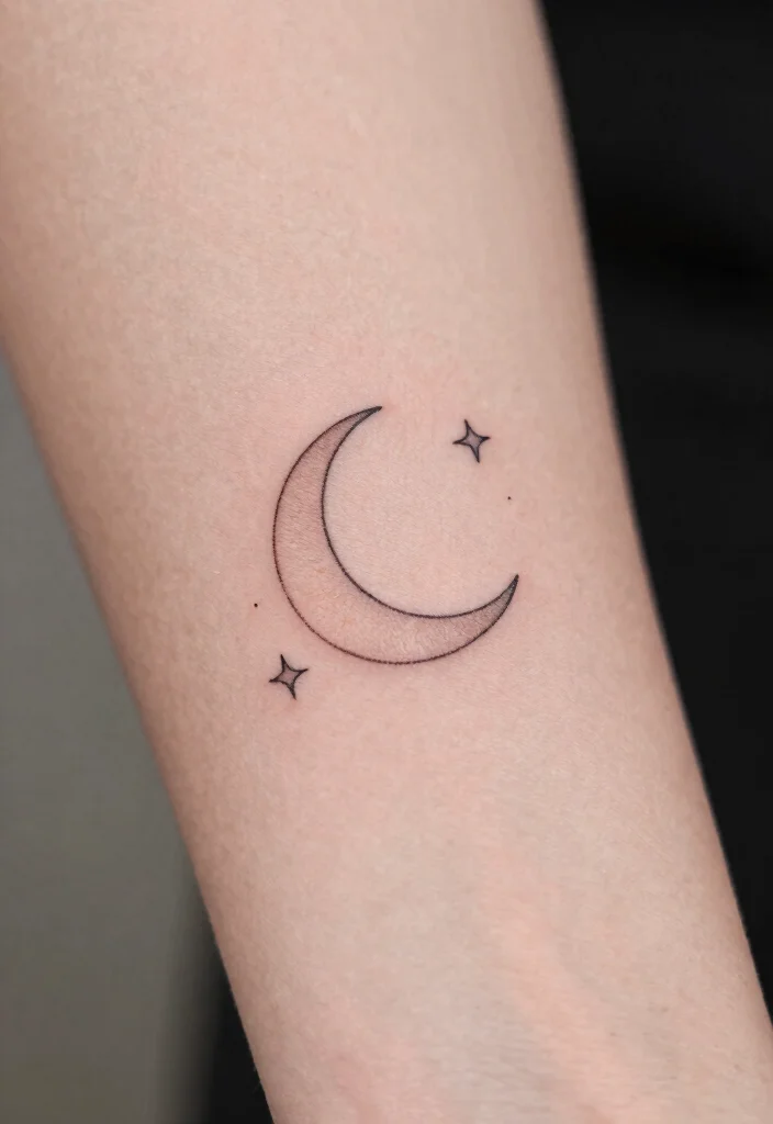 14 Fine Line Moon Tattoo Ideas With Minimal Glow - 1. Crescent Moon with Stars 1