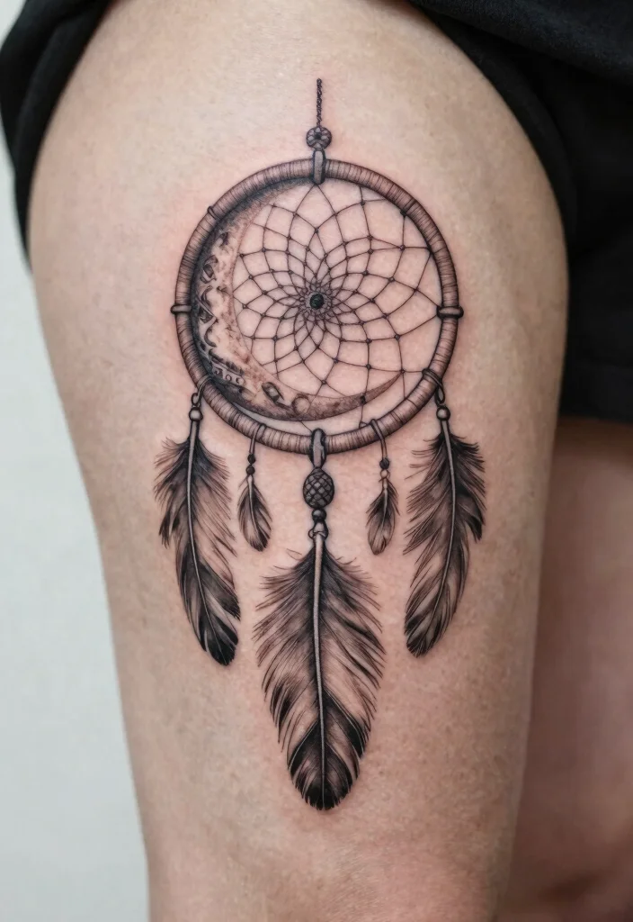 14 Fine Line Moon Tattoo Ideas With Minimal Glow - 11. Moon with a Dreamcatcher 1