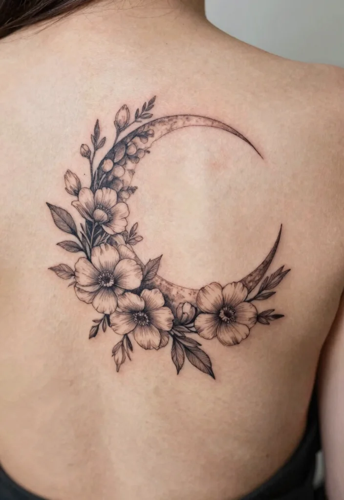 14 Fine Line Moon Tattoo Ideas With Minimal Glow - 4. Moon with Floral Elements 1