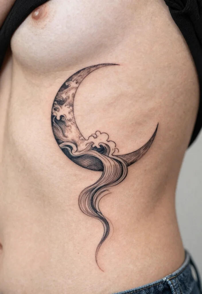 14 Fine Line Moon Tattoo Ideas With Minimal Glow - 7. Moon and Wave Tattoo 1