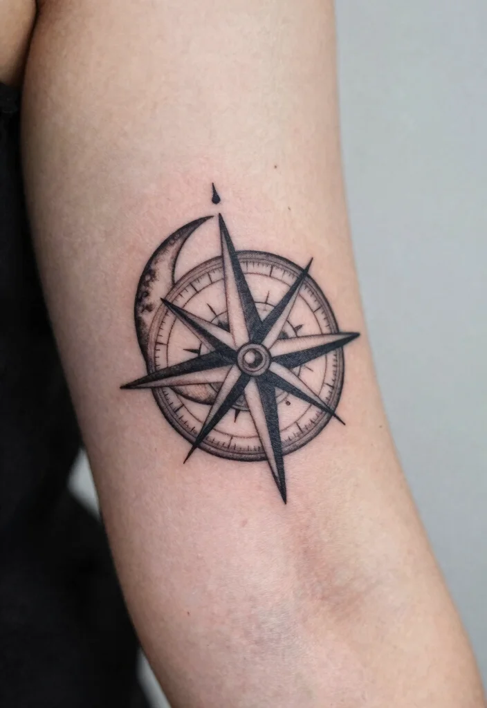 14 Fine Line Moon Tattoo Ideas With Minimal Glow - 8. Moon and Compass Tattoo 1