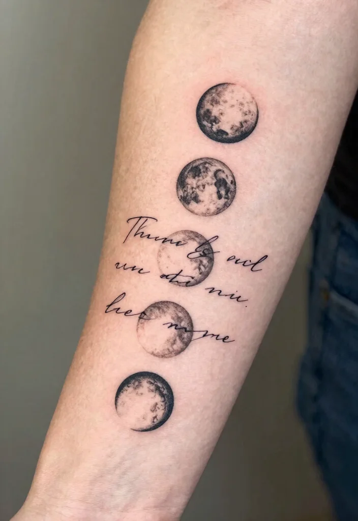 14 Fine Line Moon Tattoo Ideas With Minimal Glow - 9. Moon Phases with a Quote 1