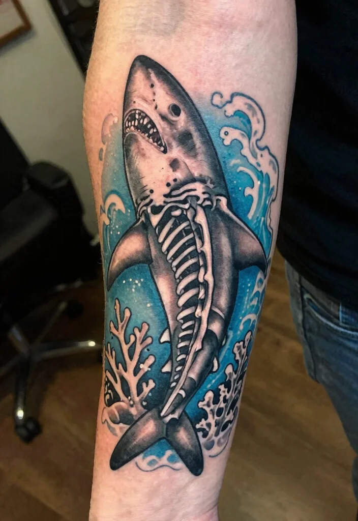 14 Shark Skeleton Tattoo Ideas With Dark Ocean Vibes - 1. The Classic Shark Skeleton 1