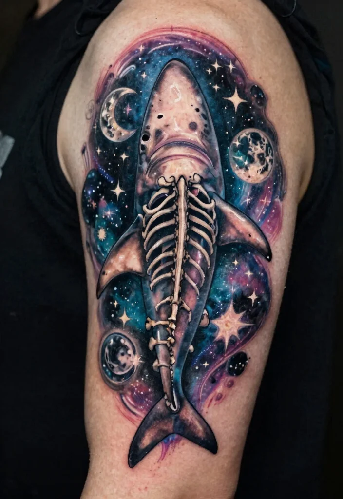 14 Shark Skeleton Tattoo Ideas With Dark Ocean Vibes - 10. Shark Skeleton and Celestial Bodies 1