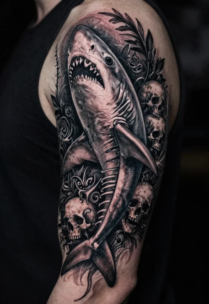 14 Shark Skeleton Tattoo Ideas With Dark Ocean Vibes - 11. Shark Skeleton in a Gothic Style 1