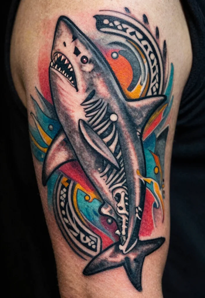 14 Shark Skeleton Tattoo Ideas With Dark Ocean Vibes - 12. Shark Skeleton with Tribal Elements 1
