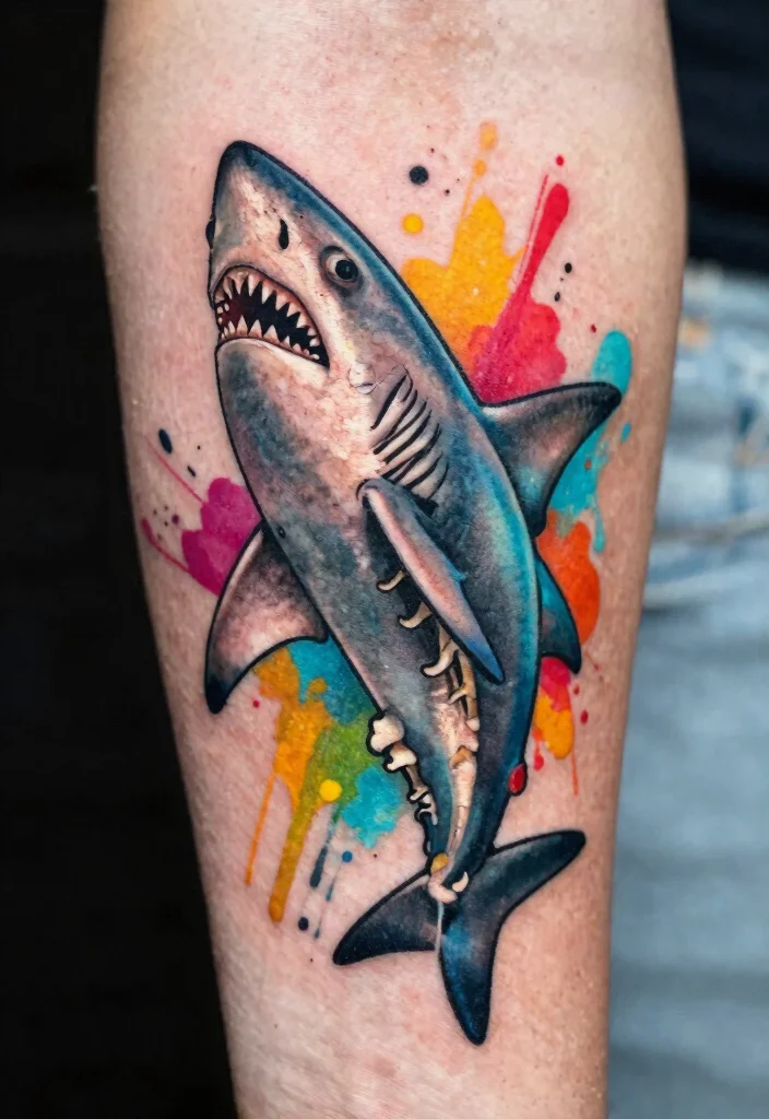 14 Shark Skeleton Tattoo Ideas With Dark Ocean Vibes - 13. Shark Skeleton with Abstract Color Splashes 1