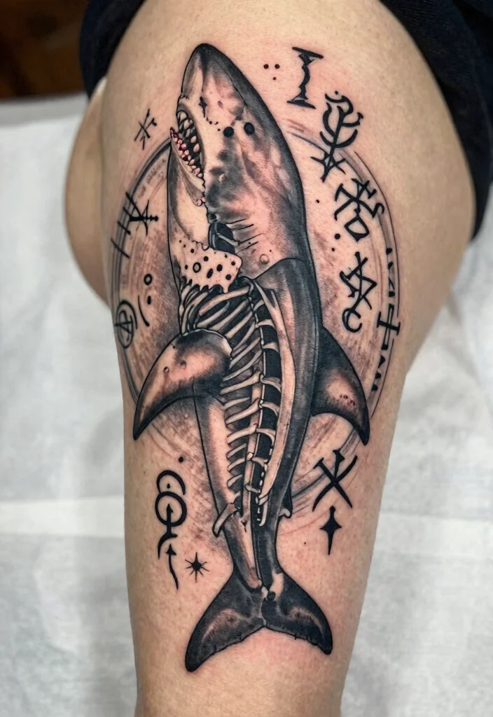 14 Shark Skeleton Tattoo Ideas With Dark Ocean Vibes - 14. Shark Skeleton with Mystical Symbols 1