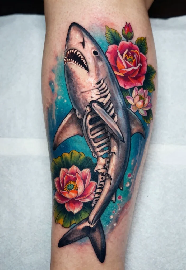 14 Shark Skeleton Tattoo Ideas With Dark Ocean Vibes - 2. Shark Skeleton with Floral Accents 1
