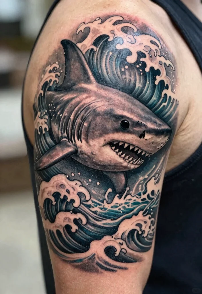 14 Shark Skeleton Tattoo Ideas With Dark Ocean Vibes - 3. Shark Skull with Ocean Waves 1