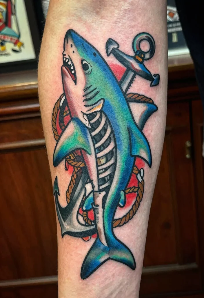 14 Shark Skeleton Tattoo Ideas With Dark Ocean Vibes - 4. Traditional Shark Skeleton 1