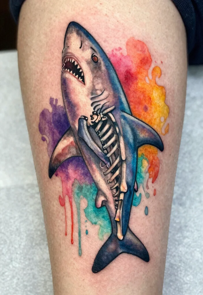14 Shark Skeleton Tattoo Ideas With Dark Ocean Vibes - 6. Watercolor Shark Skeleton 1
