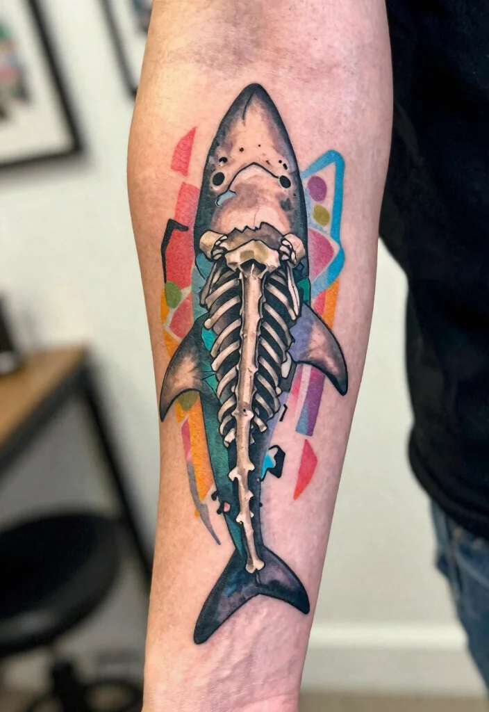 14 Shark Skeleton Tattoo Ideas With Dark Ocean Vibes - 7. Abstract Shark Skeleton 1