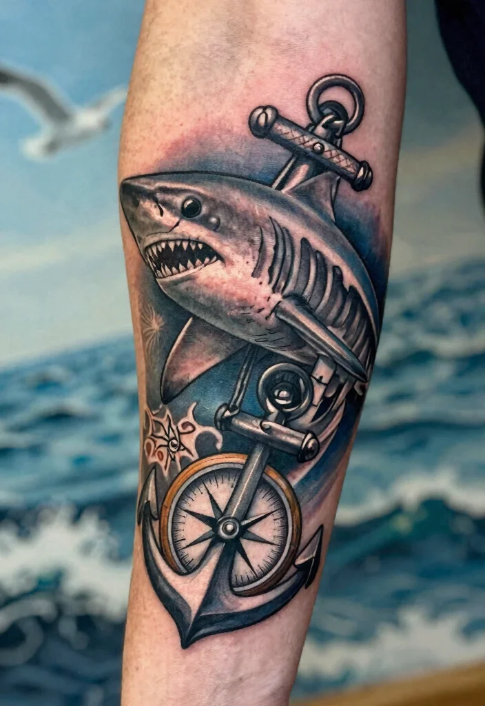 14 Shark Skeleton Tattoo Ideas With Dark Ocean Vibes - 8. Shark Skeleton with Nautical Elements 1