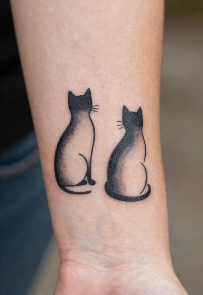 14 Two Cat Tattoo Ideas With Cute Meaning - 1. Minimalist Silhouette Duo 1