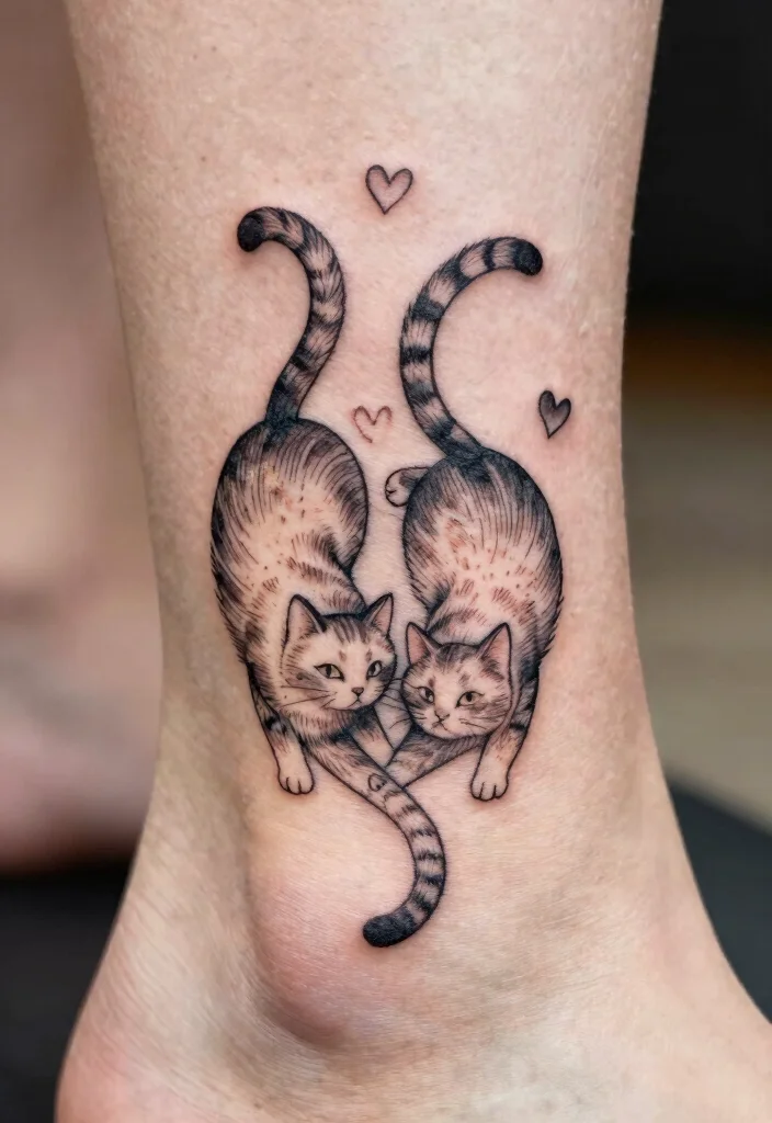 14 Two Cat Tattoo Ideas With Cute Meaning - 11. Cat Tail Connection 1