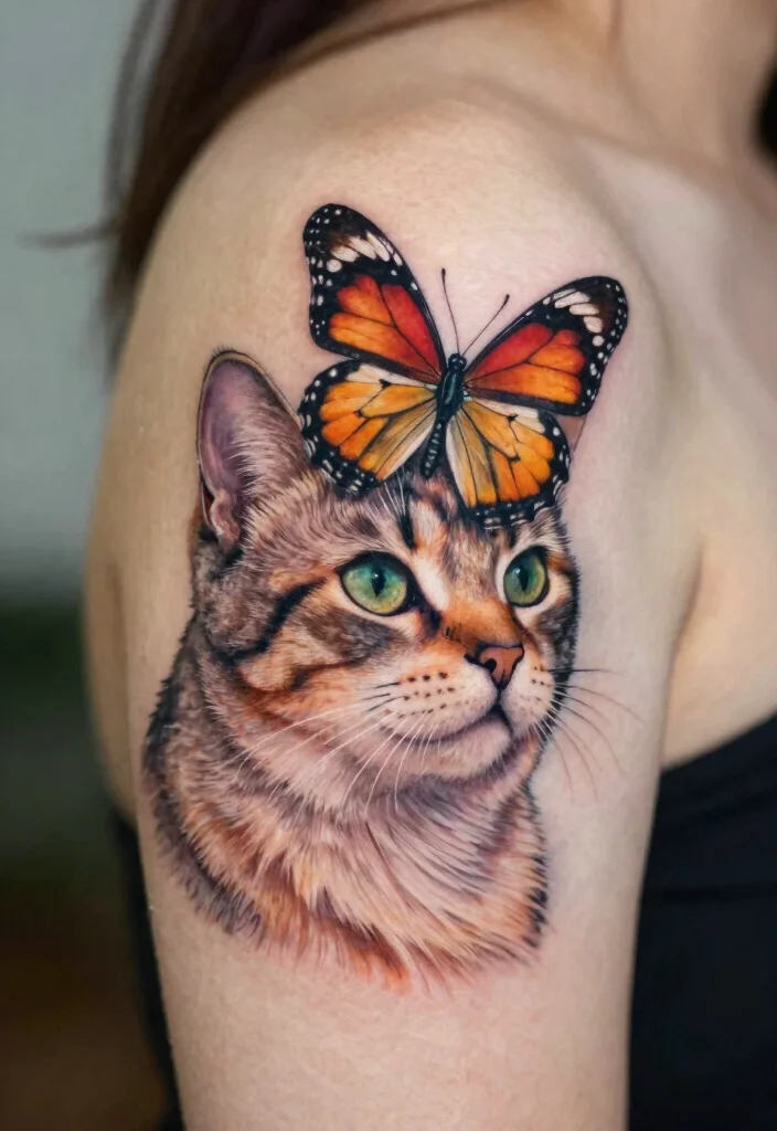 14 Two Cat Tattoo Ideas With Cute Meaning - 12. Cat with Butterfly 1