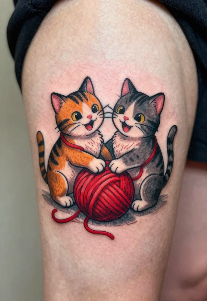 14 Two Cat Tattoo Ideas With Cute Meaning - 13. Cat and Yarn Ball 1
