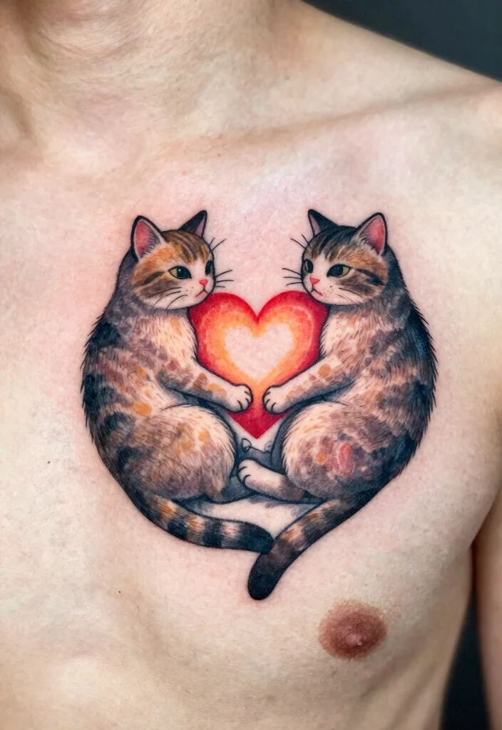 14 Two Cat Tattoo Ideas With Cute Meaning - 14. Two Cats, One Heartbeat 1