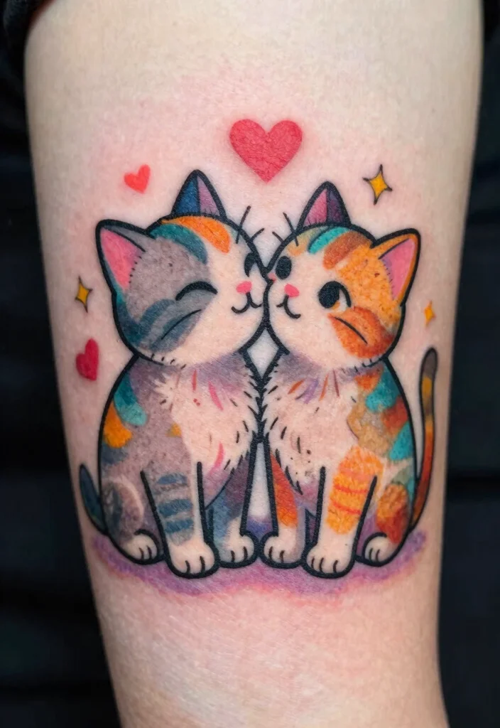 14 Two Cat Tattoo Ideas With Cute Meaning - 2. Playful Cat Kisses 1
