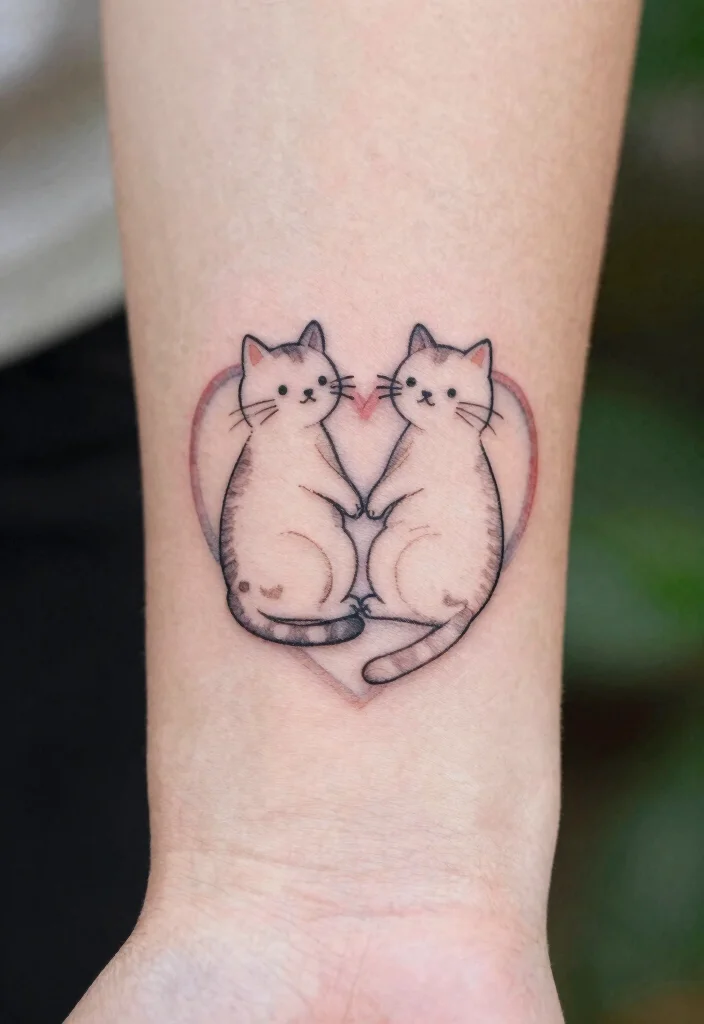 14 Two Cat Tattoo Ideas With Cute Meaning - 5. Heart-Shaped Cat Outline 1