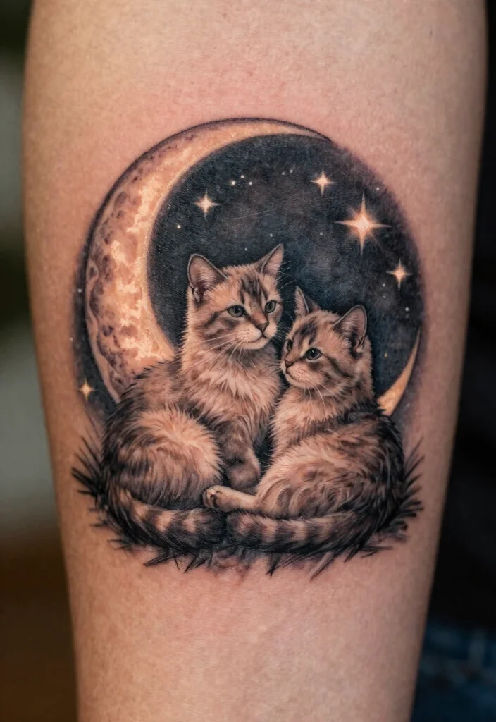 14 Two Cat Tattoo Ideas With Cute Meaning - 6. Cat and Moon Duo 1