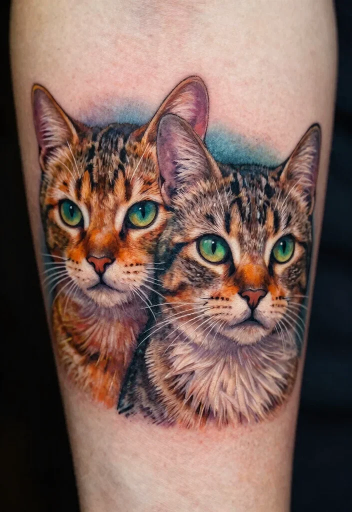 14 Two Cat Tattoo Ideas With Cute Meaning - 7. Cat Face Pair 1