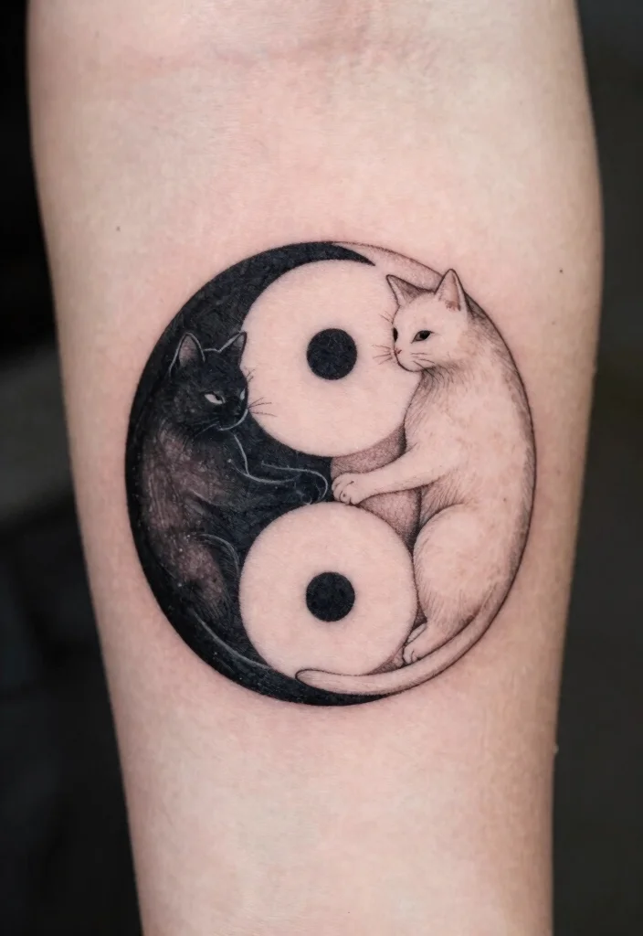 14 Two Cat Tattoo Ideas With Cute Meaning - 8. Yin Yang Cats 1