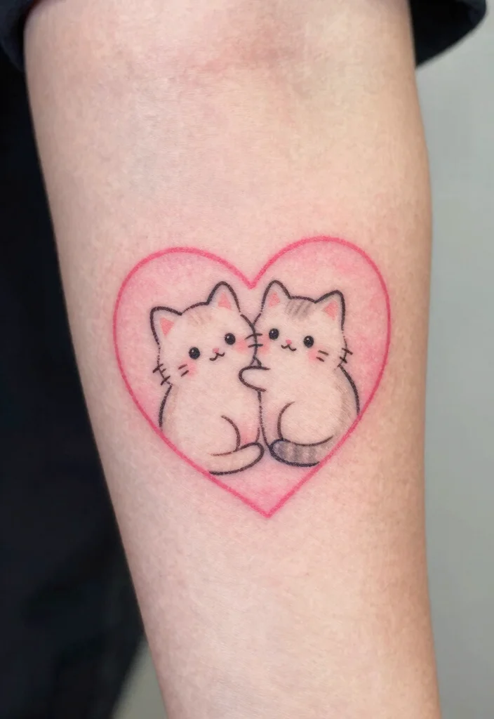 14 Two Cat Tattoo Ideas With Cute Meaning - 9. Cats in a Heart 1