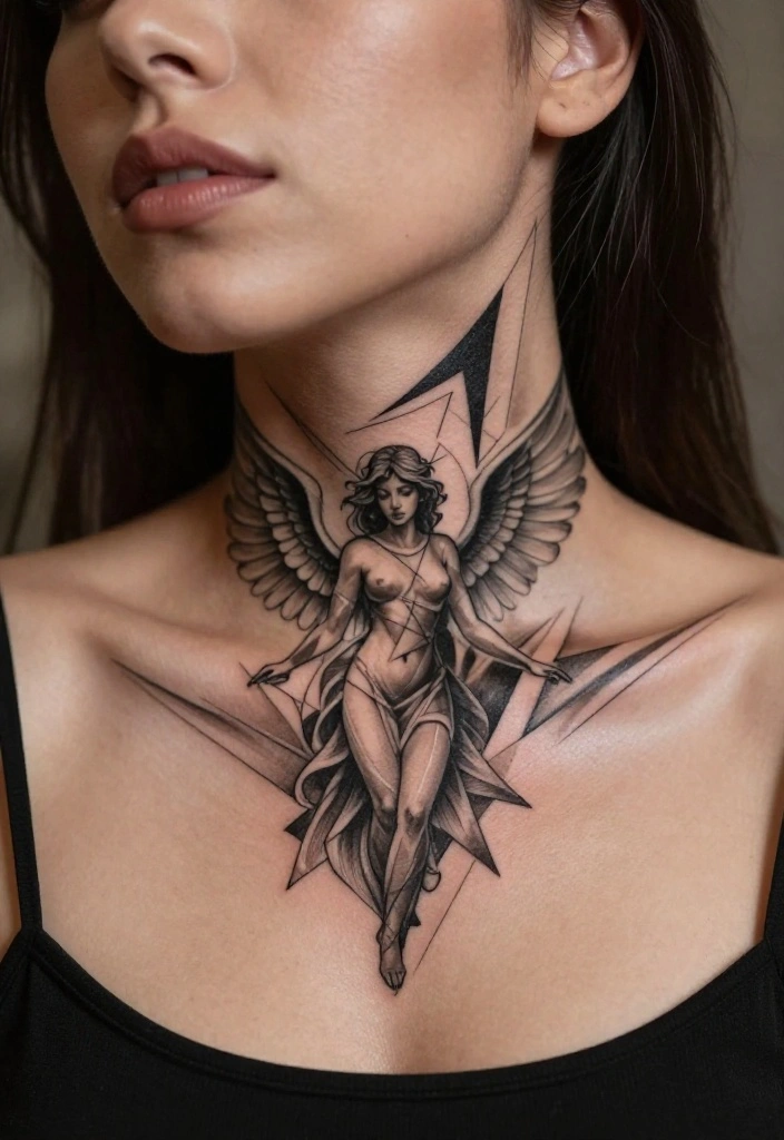 15 Angel Tattoo Neck Ideas With Subtle Edge - 10. Geometric Angel 1
