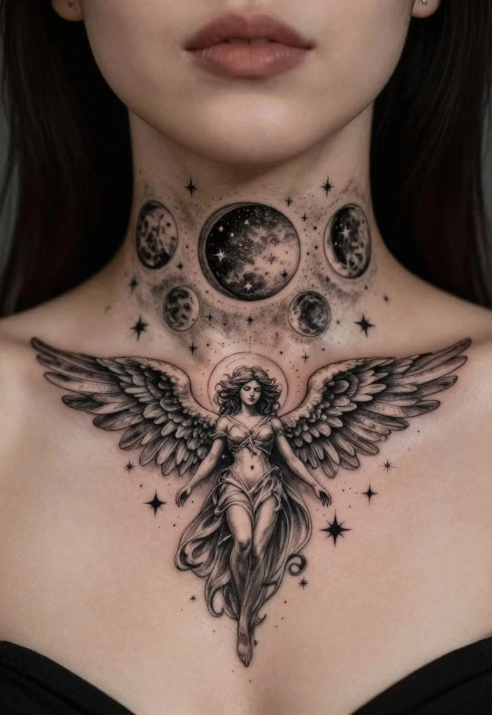15 Angel Tattoo Neck Ideas With Subtle Edge - 11. Celestial Angel 1
