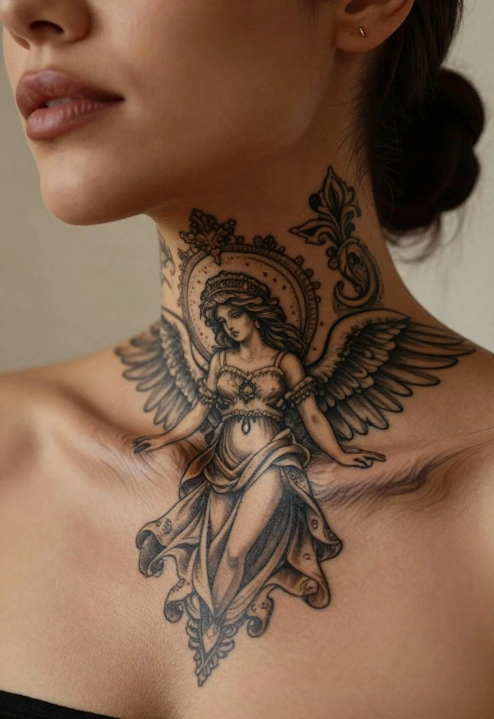15 Angel Tattoo Neck Ideas With Subtle Edge - 12. Vintage Angel Design 1