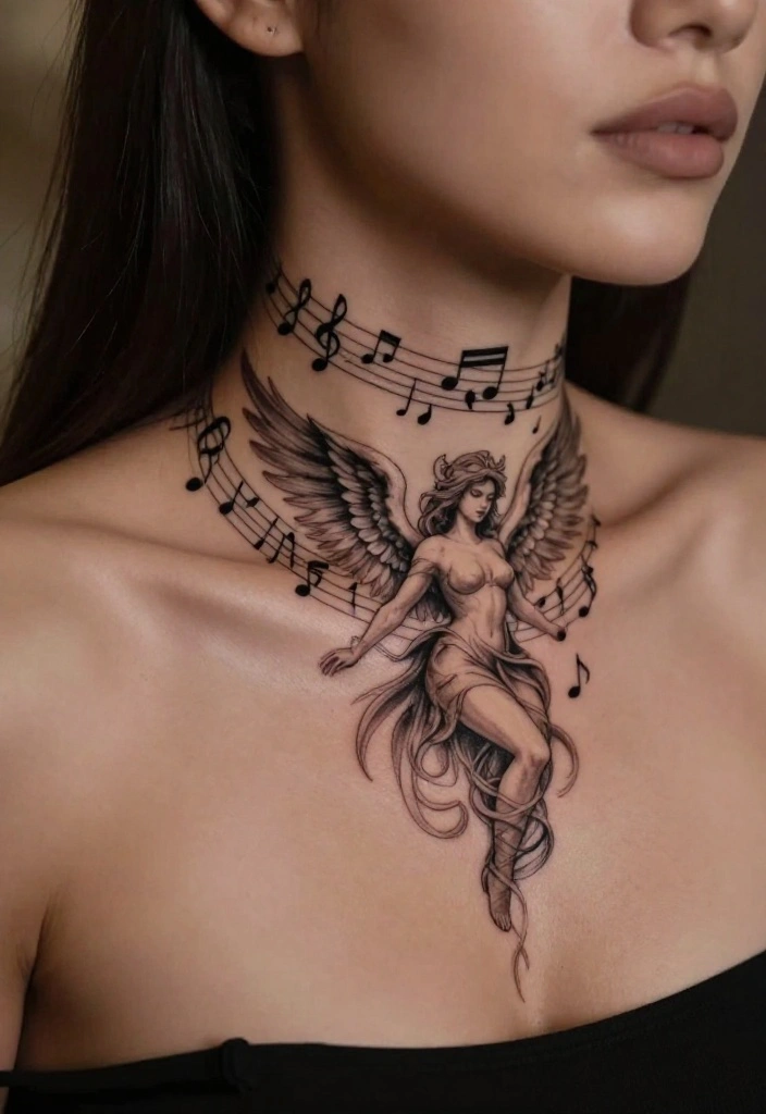 15 Angel Tattoo Neck Ideas With Subtle Edge - 13. Angel with Wings and Music Notes 1