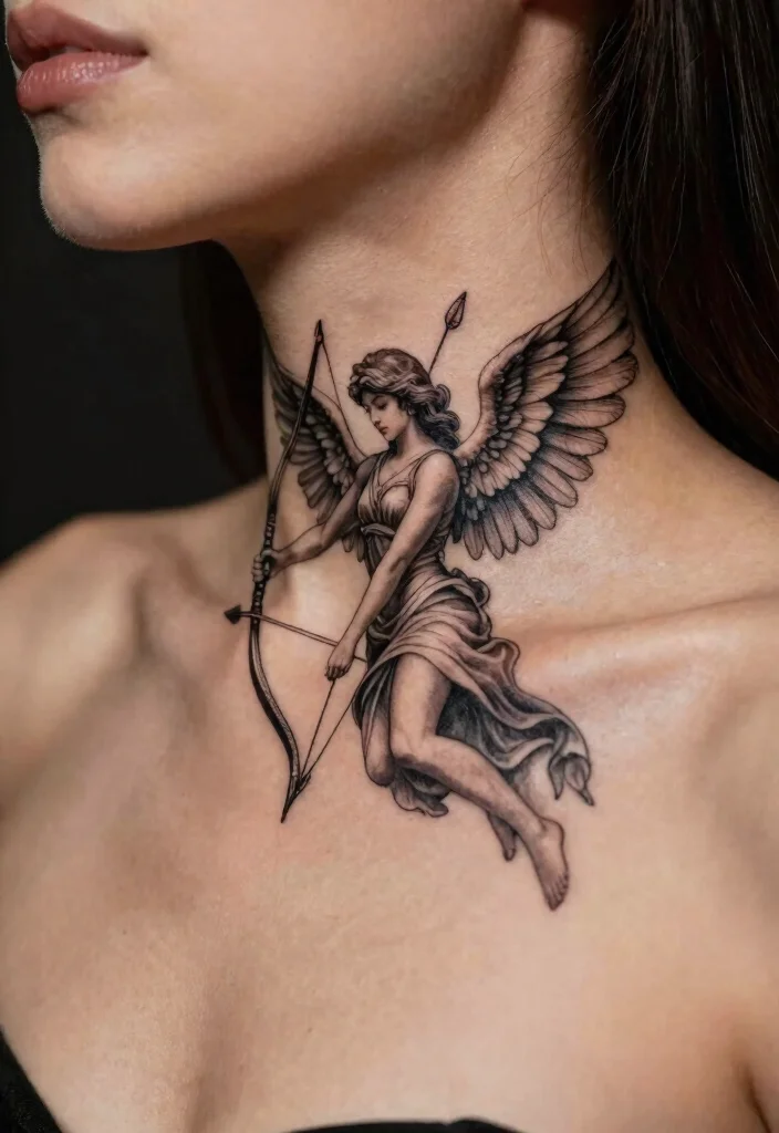 15 Angel Tattoo Neck Ideas With Subtle Edge - 14. Angel with Bow and Arrow 1