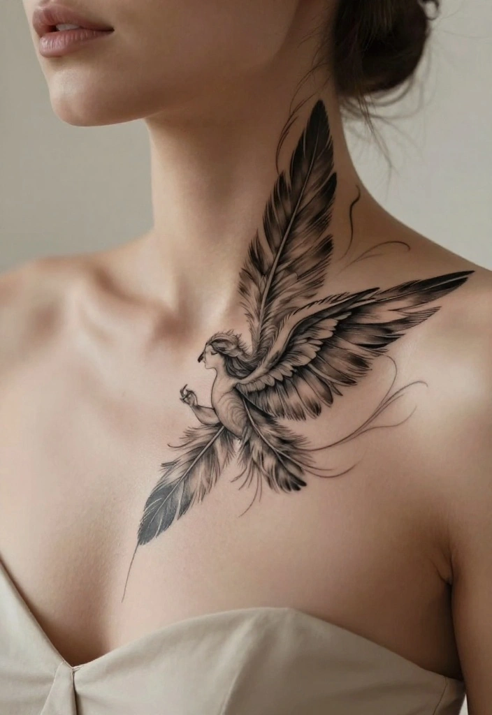 15 Angel Tattoo Neck Ideas With Subtle Edge - 15. Elegant Angel with Feathers 1