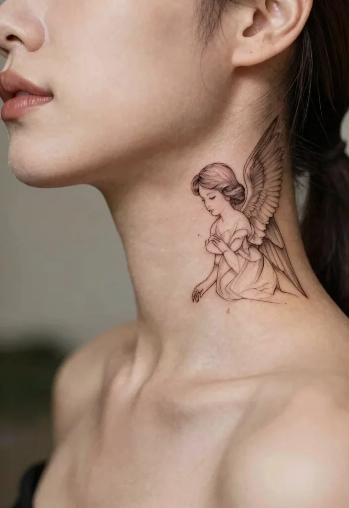 15 Angel Tattoo Neck Ideas With Subtle Edge - 2. Serene Angel Face 1