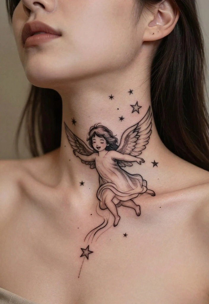 15 Angel Tattoo Neck Ideas With Subtle Edge - 4. Whimsical Angel with Stars 1