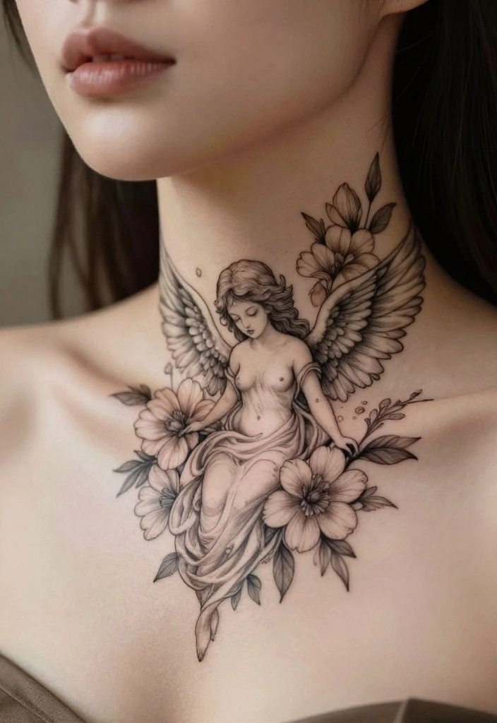 15 Angel Tattoo Neck Ideas With Subtle Edge - 6. Angel and Floral Blend 1