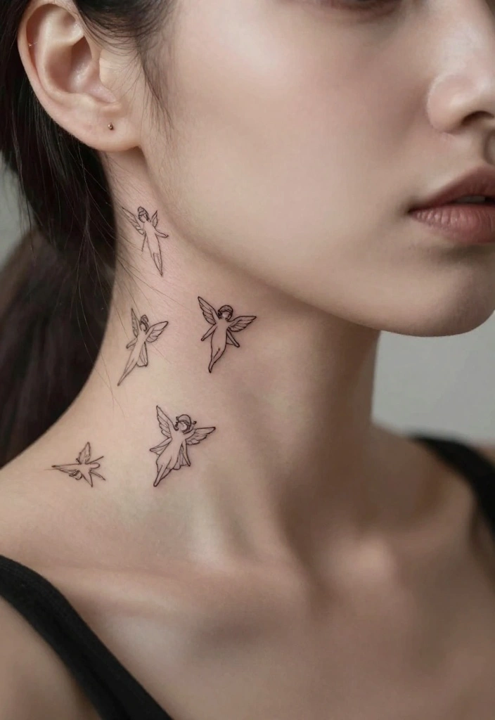 15 Angel Tattoo Neck Ideas With Subtle Edge - 7. Tiny Angel Symbols 1
