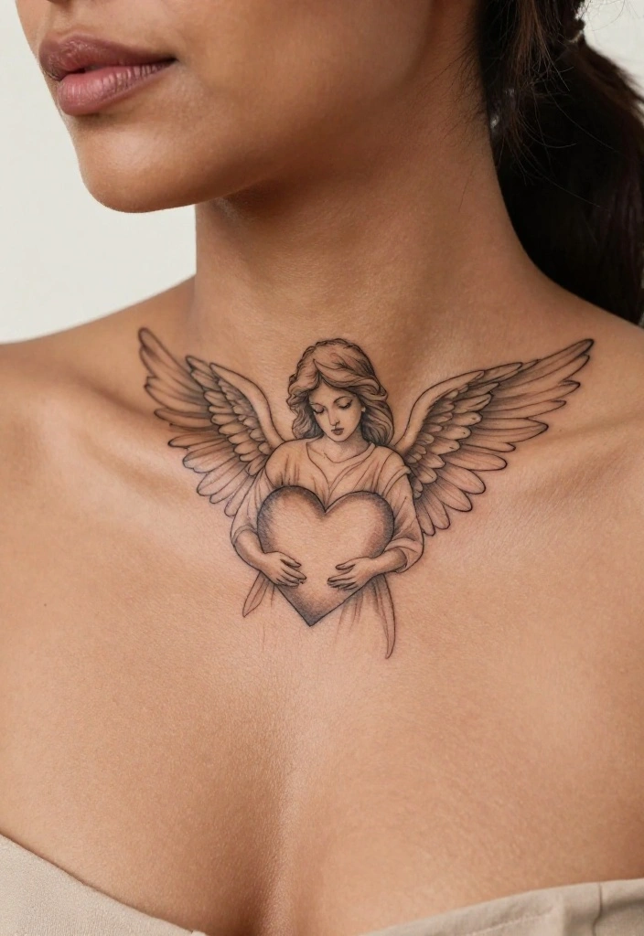15 Angel Tattoo Neck Ideas With Subtle Edge - 8. Angel with a Heart 1