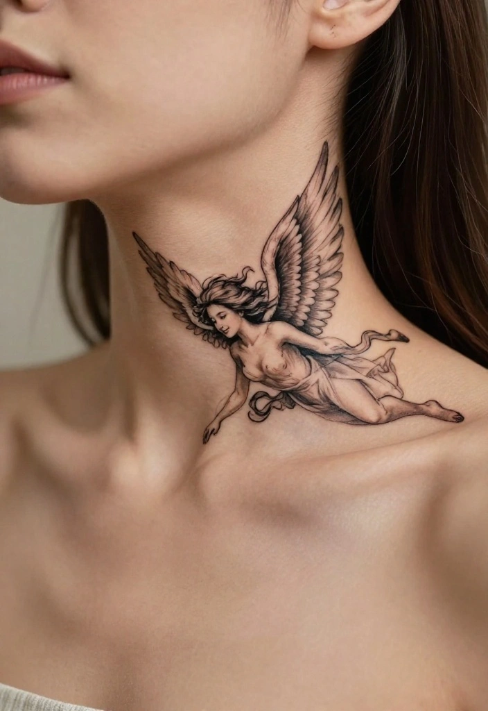 15 Angel Tattoo Neck Ideas With Subtle Edge - 9. Playful Angel in Flight 1