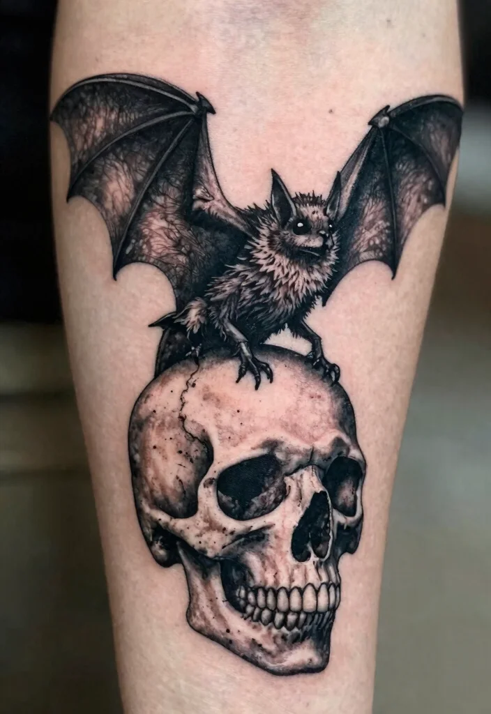 15 Bat Flash Tattoo Ideas With Spooky Style - 10. Bat and Skull Combination 1