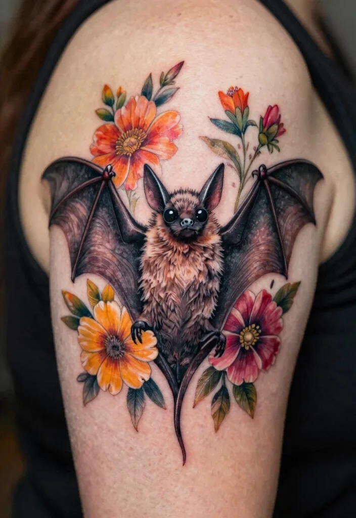 15 Bat Flash Tattoo Ideas With Spooky Style - 11. Bat with Floral Accents 1