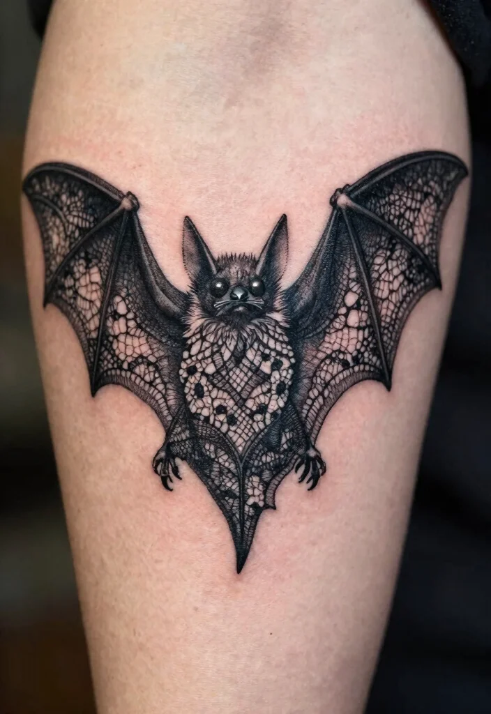 15 Bat Flash Tattoo Ideas With Spooky Style - 12. Bat with Lace Pattern 1