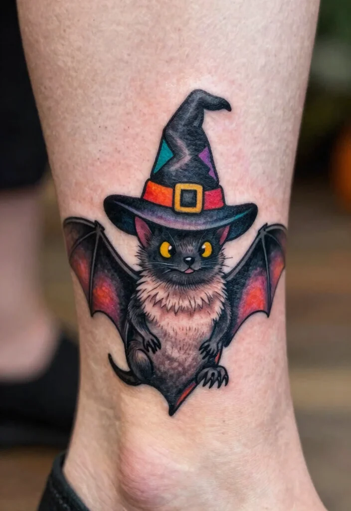 15 Bat Flash Tattoo Ideas With Spooky Style - 13. Bat with a Witch Hat 1