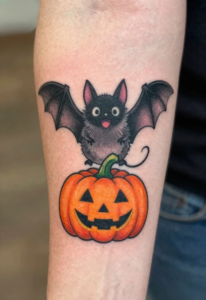 15 Bat Flash Tattoo Ideas With Spooky Style - 15. Cutesy Bat with Pumpkin 1