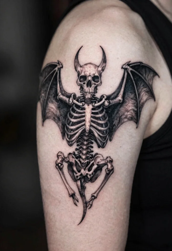 15 Bat Flash Tattoo Ideas With Spooky Style - 2. Gothic Bat Skeleton 1