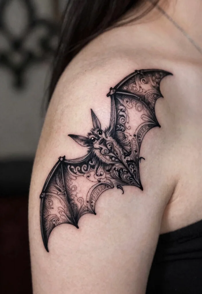 15 Bat Flash Tattoo Ideas With Spooky Style - 3. Ornate Bat with Filigree 1