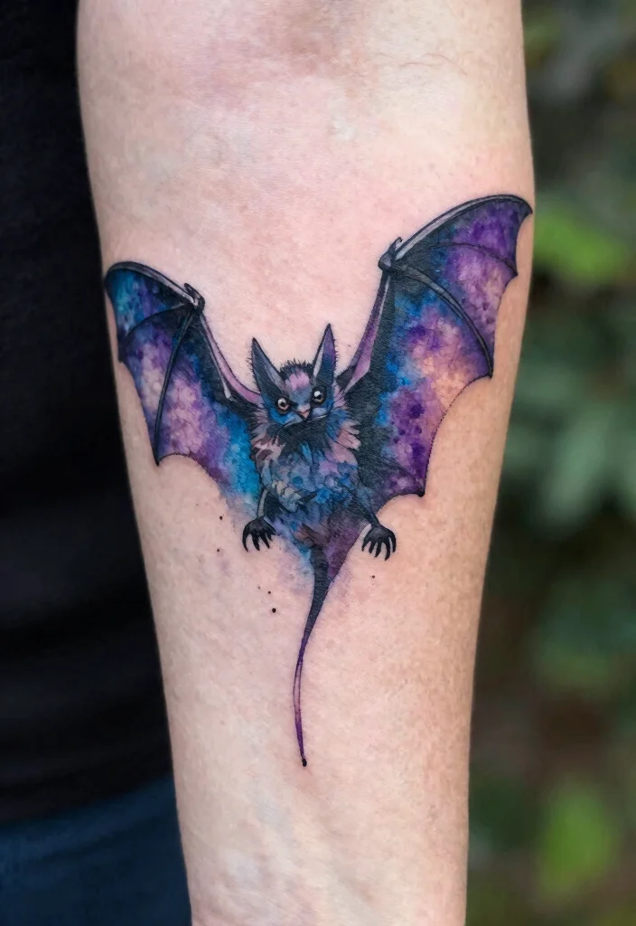 15 Bat Flash Tattoo Ideas With Spooky Style - 4. Watercolor Bat 1