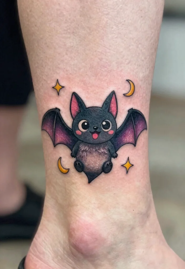 15 Bat Flash Tattoo Ideas With Spooky Style - 5. Cute Cartoon Bat 1